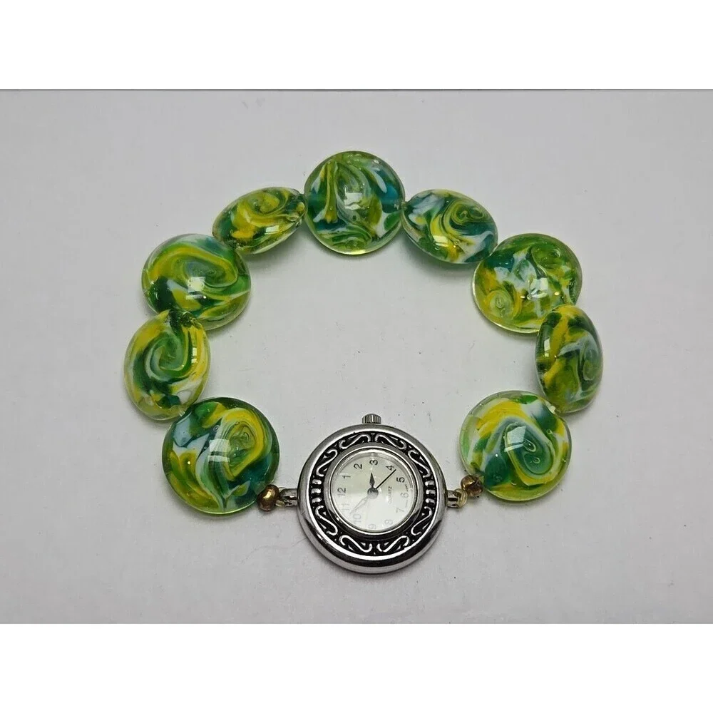 Womens Seiko Movement Lampwork Beaded Watch Bracelet Green Yellow Glass Art